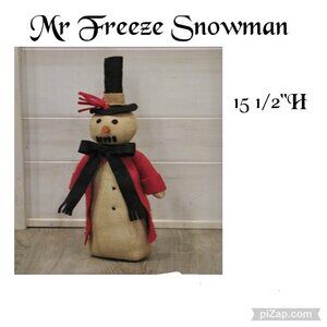 Mr Freeze Snowman 15 1/2"‎ high Primitive cloth weighted bottom hat coat scarf